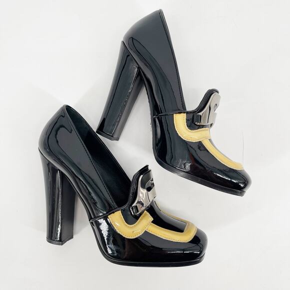 Prada Fall 2010 Runway Black Patent Yellow Trim Metal Logo Platform Heels 36.5 - Picture 3 of 12